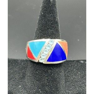 Sterling Silver Turquoise Gemstone Inlay Ring Band Sz 6.5~ 8 Gms